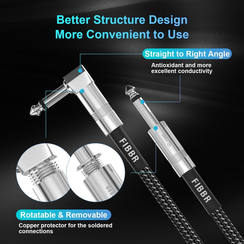 FIBBR Guitar Cable(10ft), Right Angle 1/4 Instrument Cable for Electric Bass Guitar, Electric Mandolin, Pro Audio - Image 3